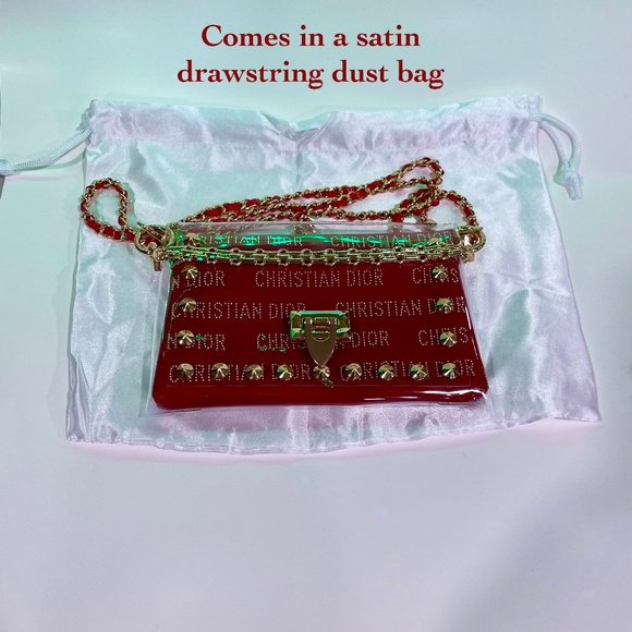 DIOR Red Faux Patent Leather Makeup Bag - Gold Hardware, Crossbody Chains, Gift - Picture 8 of 16